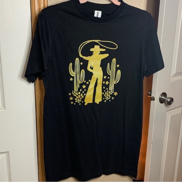 None Tops - WESTERN Cowgirl with Gold Rope and Cactus Black Crewneck Short Sleeve Tee Shirt